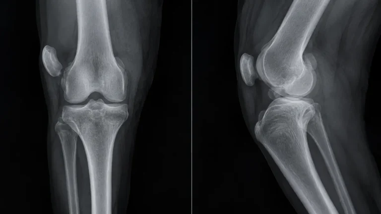 Dos proyecciones radiográficas de la rodilla de un perro: frontal y lateral